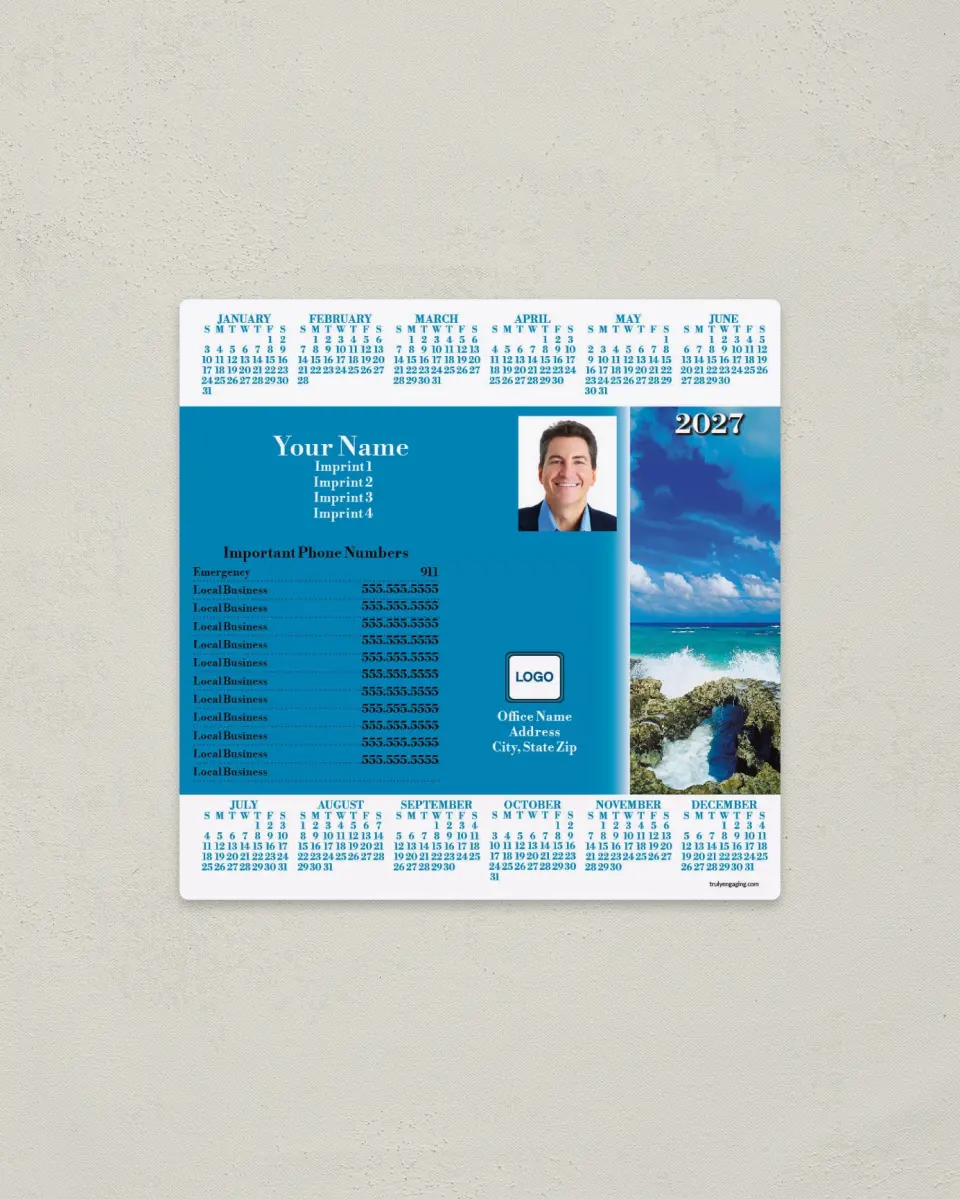 This is a 5½" x 5½" Full Magnet Calendar called Calendar & Tropical printed in full color with a Standard Gloss finish