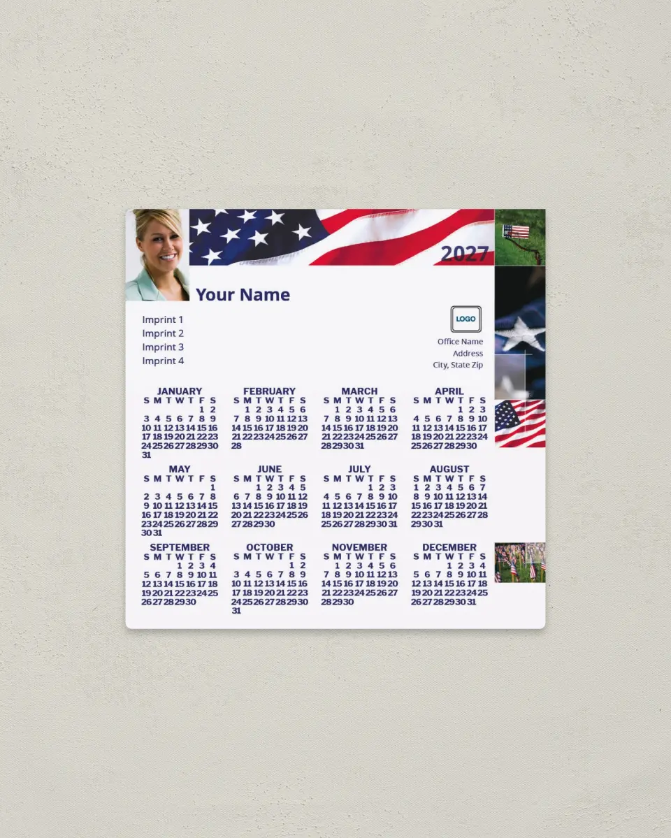 This is a 5½" x 5½" Full Magnet Calendar called Flag Mosaic printed in full color with a Standard Gloss finish