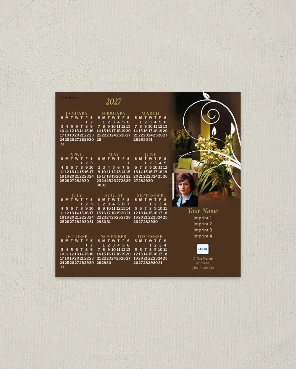 This is a 5½" x 5½" Full Magnet Calendar called Couch & Flower Background printed in full color with a Standard Gloss finish