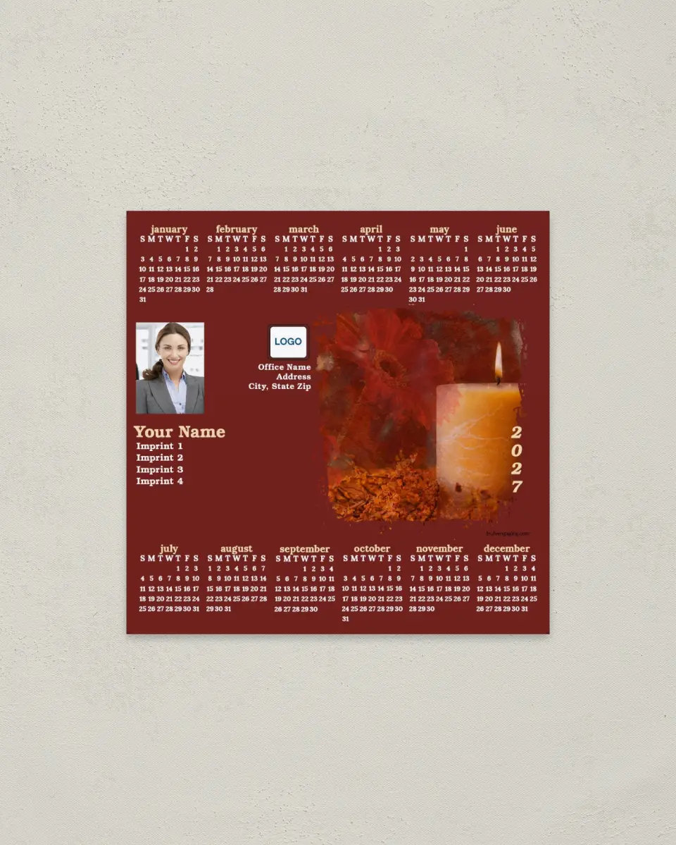 This is a 5½" x 5½" Full Magnet Calendar called Candle & Flower Background printed in full color with a Standard Gloss finish