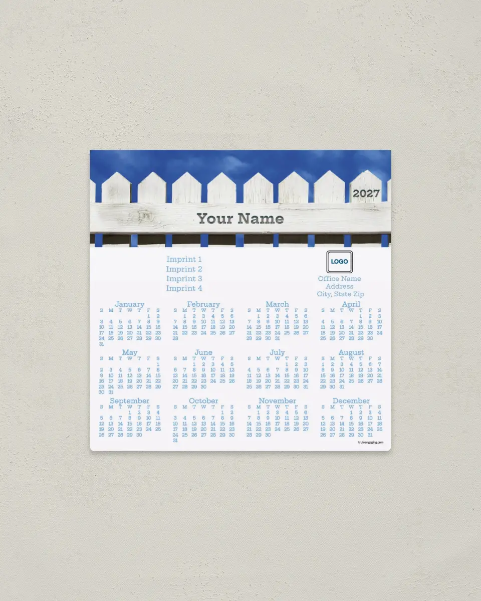 This is a 5½" x 5½" Full Magnet Calendar called Blue Sky & Picket Fence printed in full color with a Standard Gloss finish