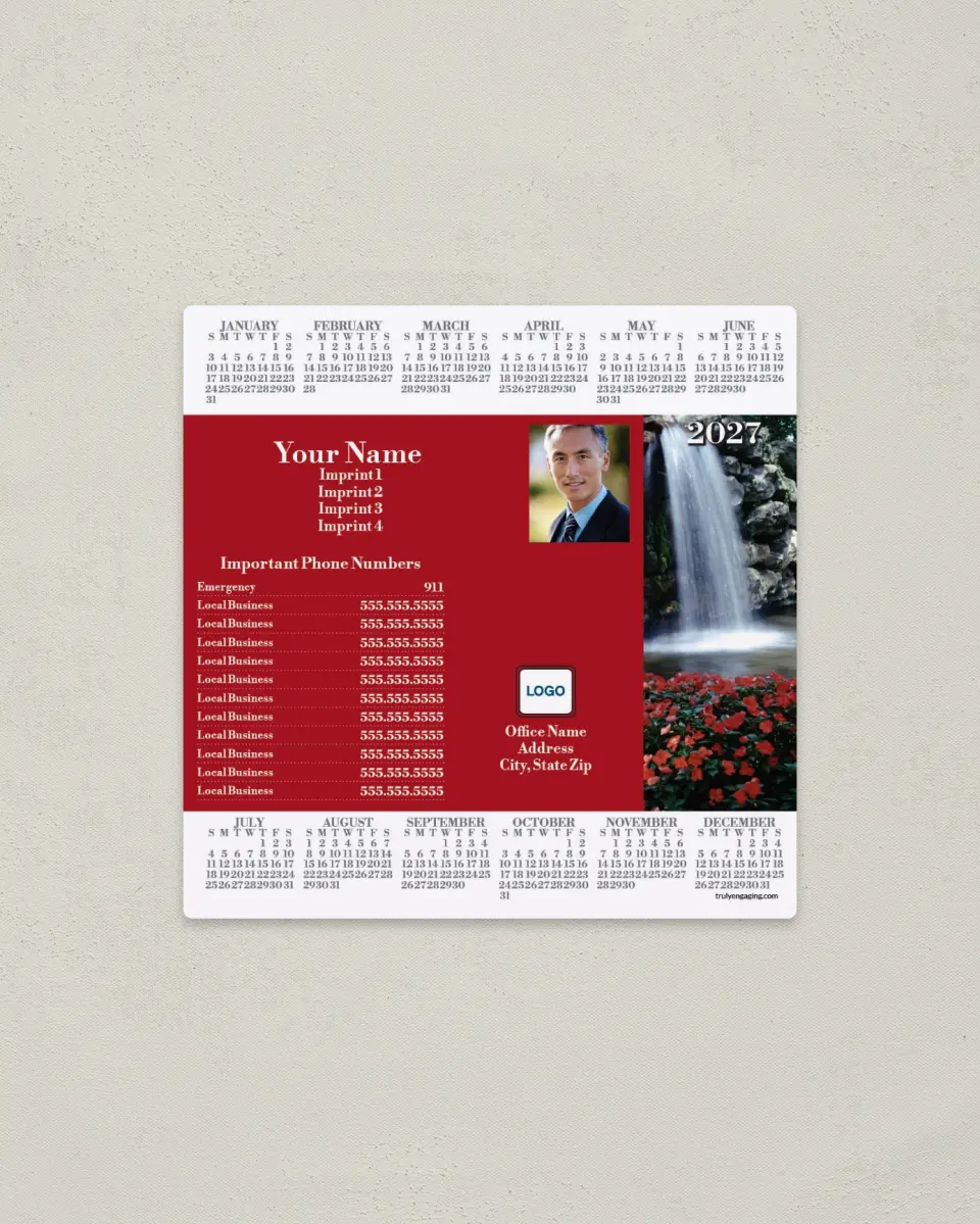 This is a 5½" x 5½" Full Magnet Calendar called Waterfall printed in full color with a Standard Gloss finish