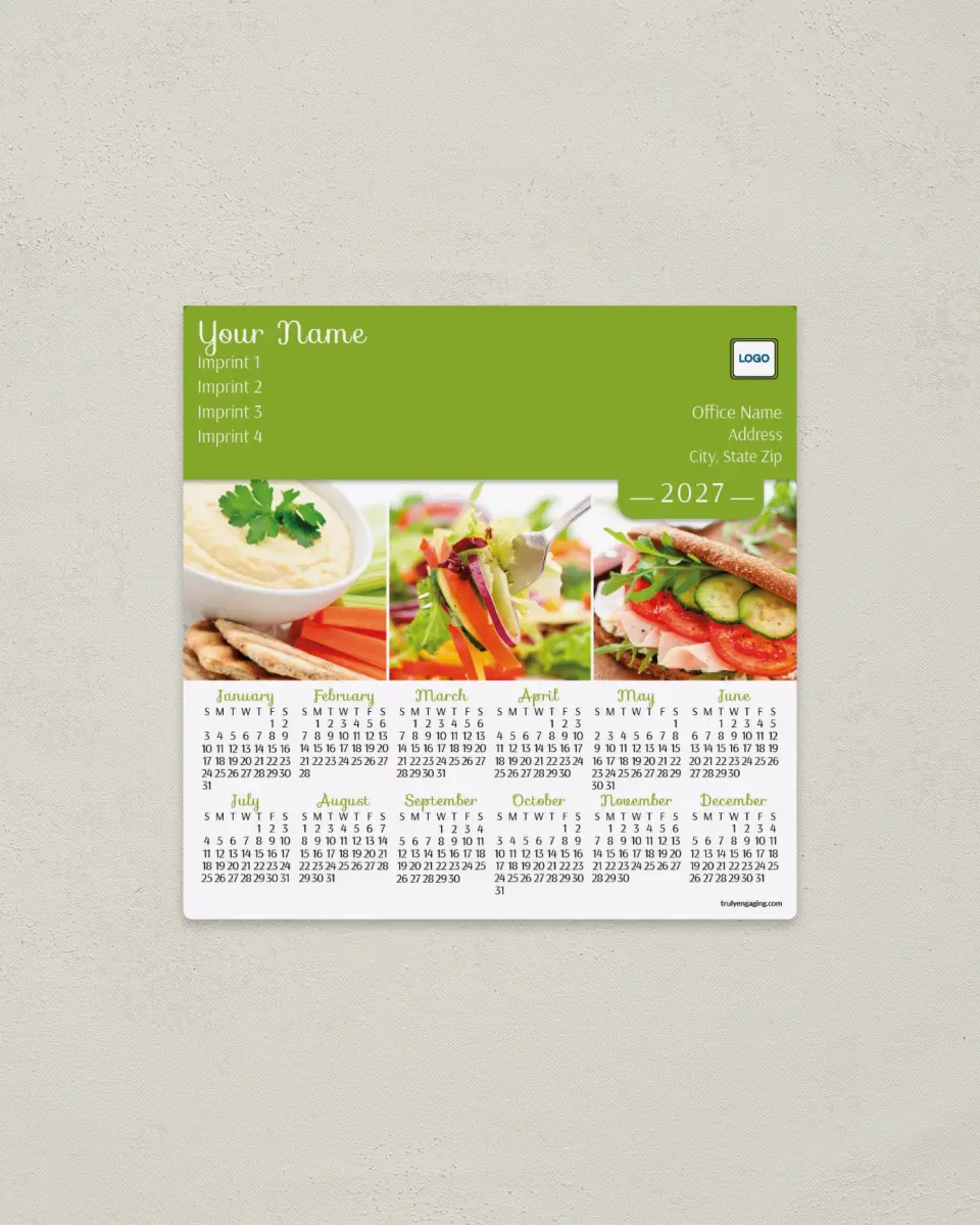 This is a 5½" x 5½" Full Magnet Calendar called Food Photography printed in full color with a Standard Gloss finish