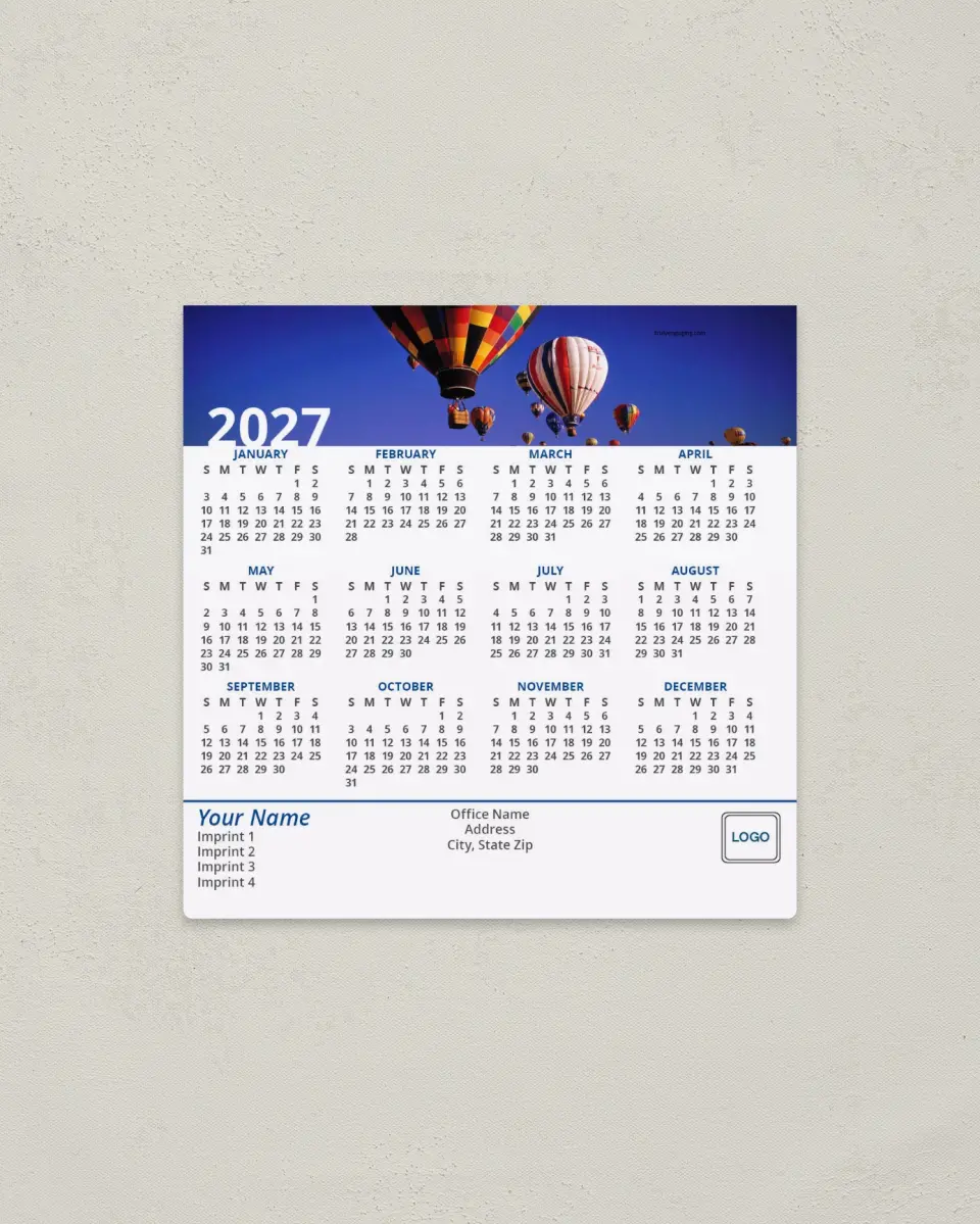 This is a 5½" x 5½" Full Magnet Calendar called Hot Air Balloon Banner printed in full color with a Standard Gloss finish