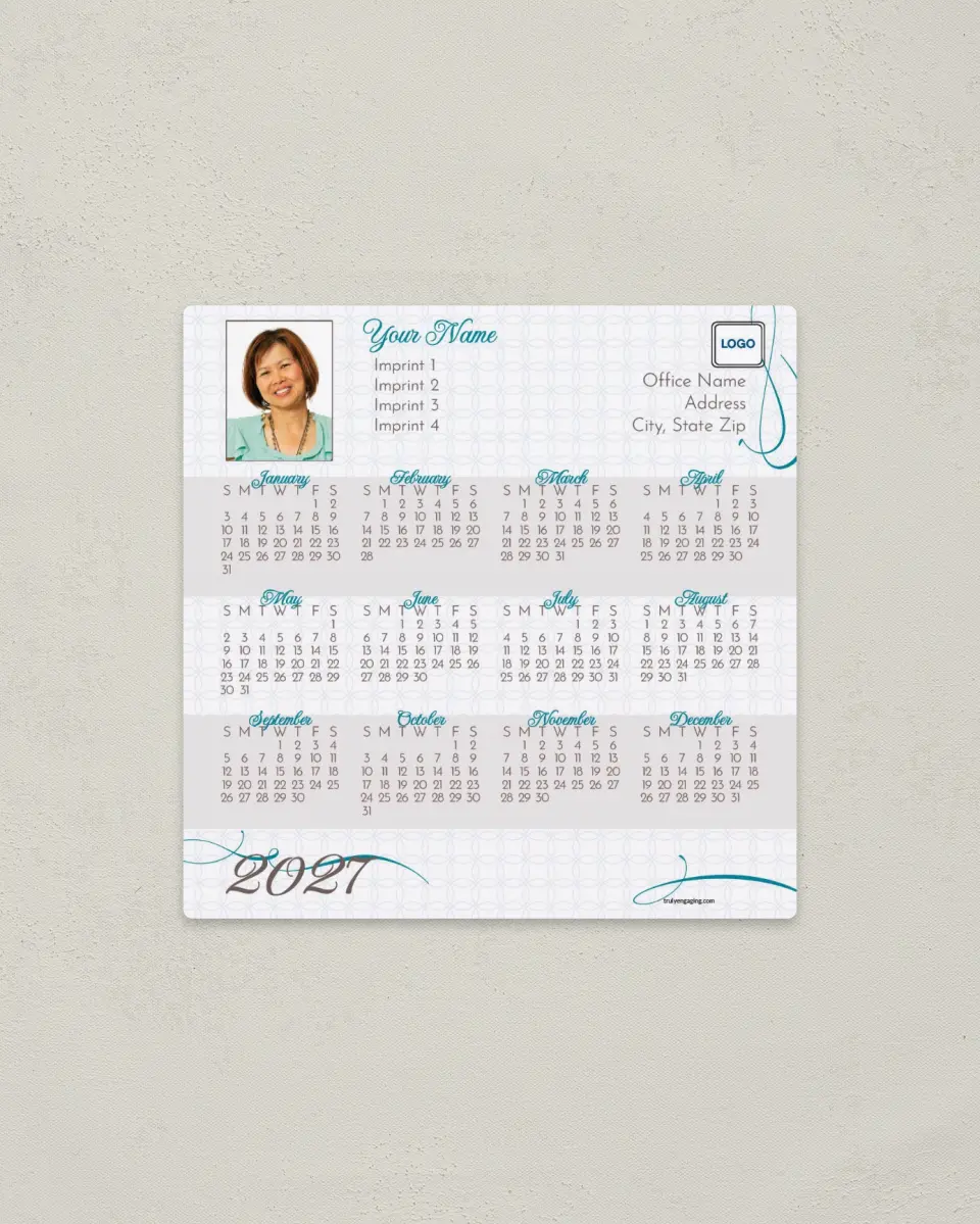 This is a 5½" x 5½" Full Magnet Calendar called Trendy Circle Pattern printed in full color with a Standard Gloss finish
