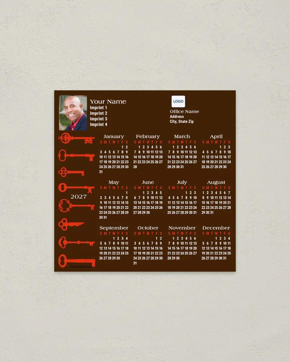 This is a 5½" x 5½" Full Magnet Calendar called Antique Skeleton Keys printed in full color with a Standard Gloss finish