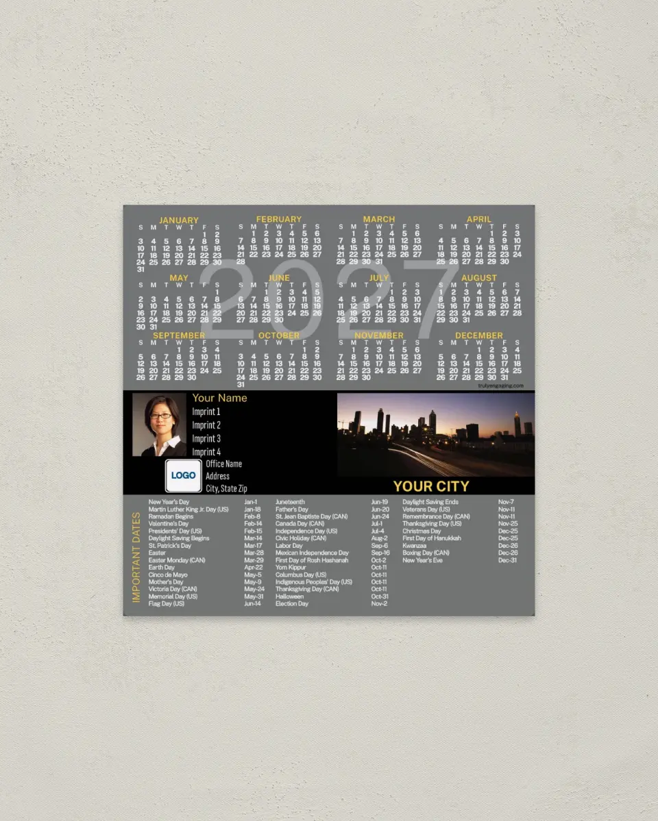 This is a 5½" x 5½" Full Magnet Calendar called City Twilight printed in full color with a Standard Gloss finish