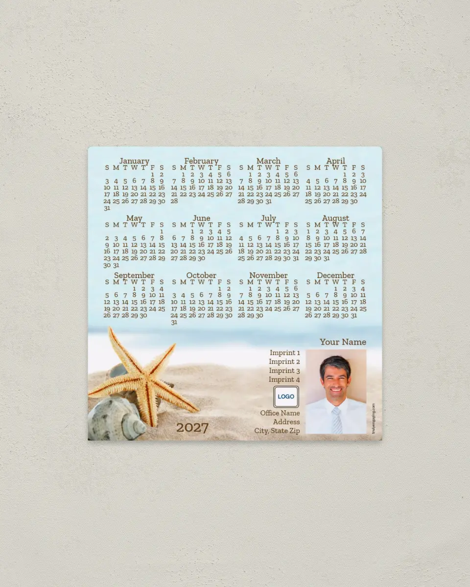 This is a 5½" x 5½" Full Magnet Calendar called Seashells and Starfish printed in full color with a Standard Gloss finish