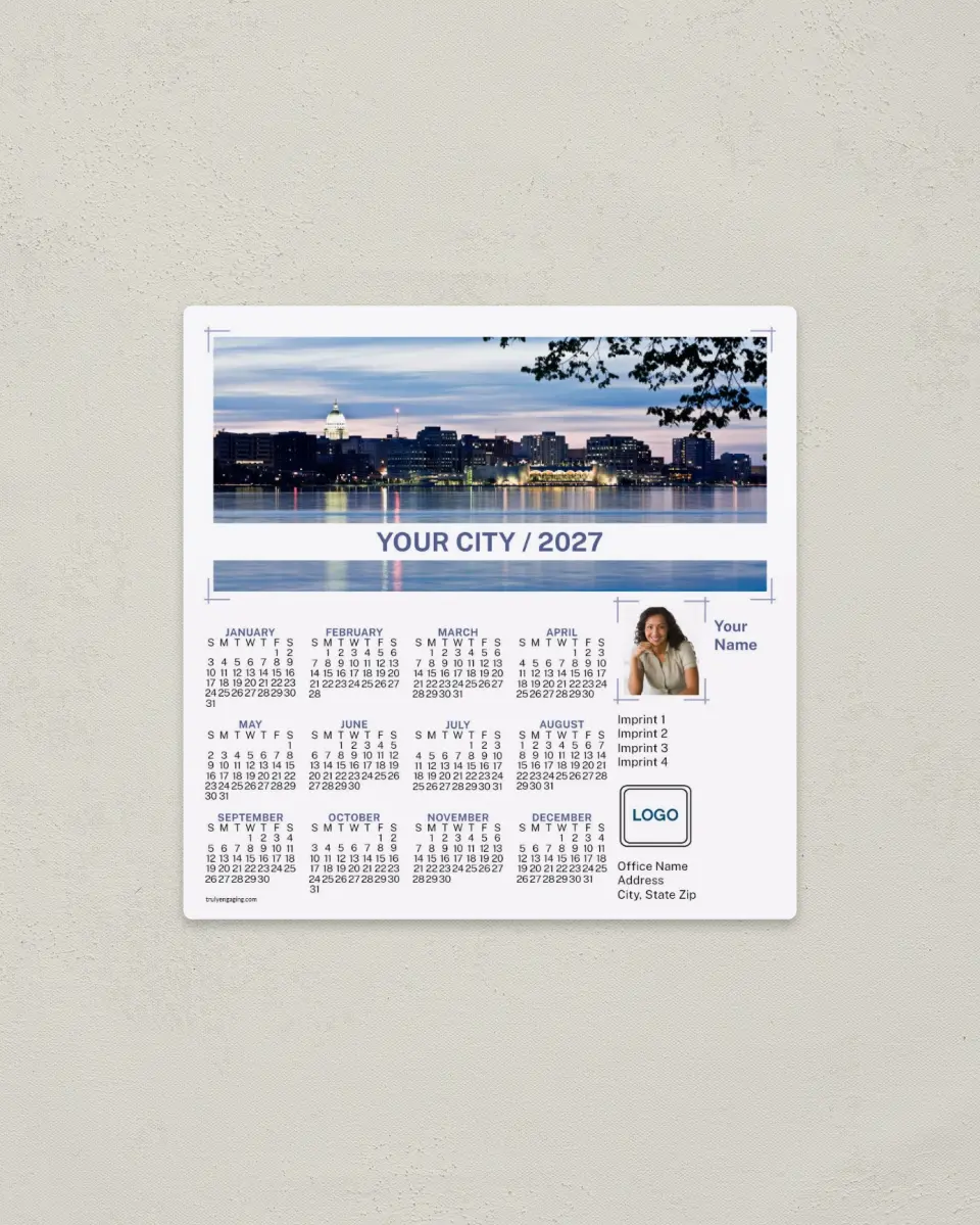 This is a 5½" x 5½" Full Magnet Calendar called Contemporary Skyline printed in full color with a Standard Gloss finish