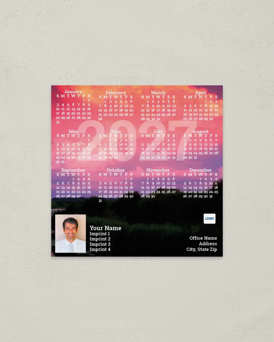 This is a 5½" x 5½" Full Magnet Calendar called Sunset Over Water printed in full color with a Standard Gloss finish