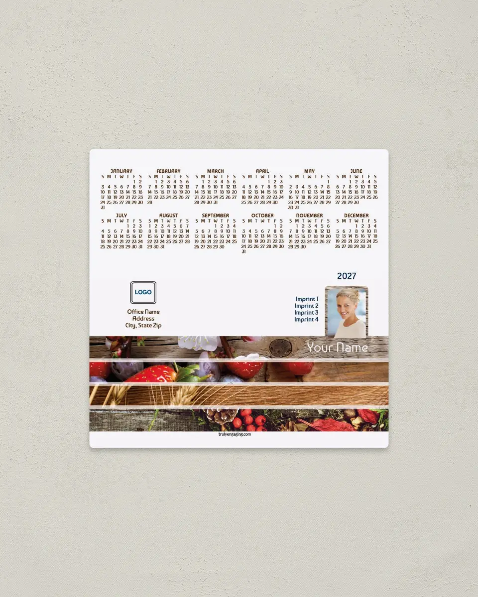 This is a 5½" x 5½" Full Magnet Calendar called Rustic Seasons printed in full color with a Standard Gloss finish