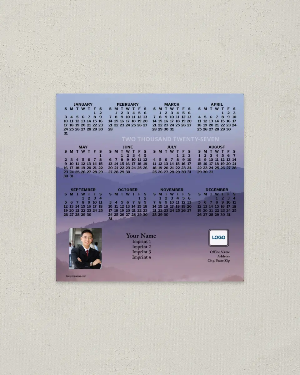 This is a 5½" x 5½" Full Magnet Calendar called Mountains at Dawn printed in full color with a Standard Gloss finish