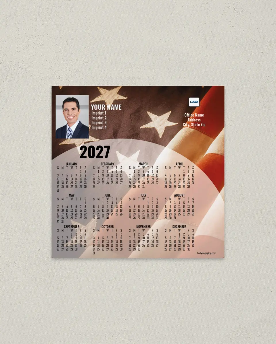 This is a 5½" x 5½" Full Magnet Calendar called Old Glory printed in full color with a Standard Gloss finish