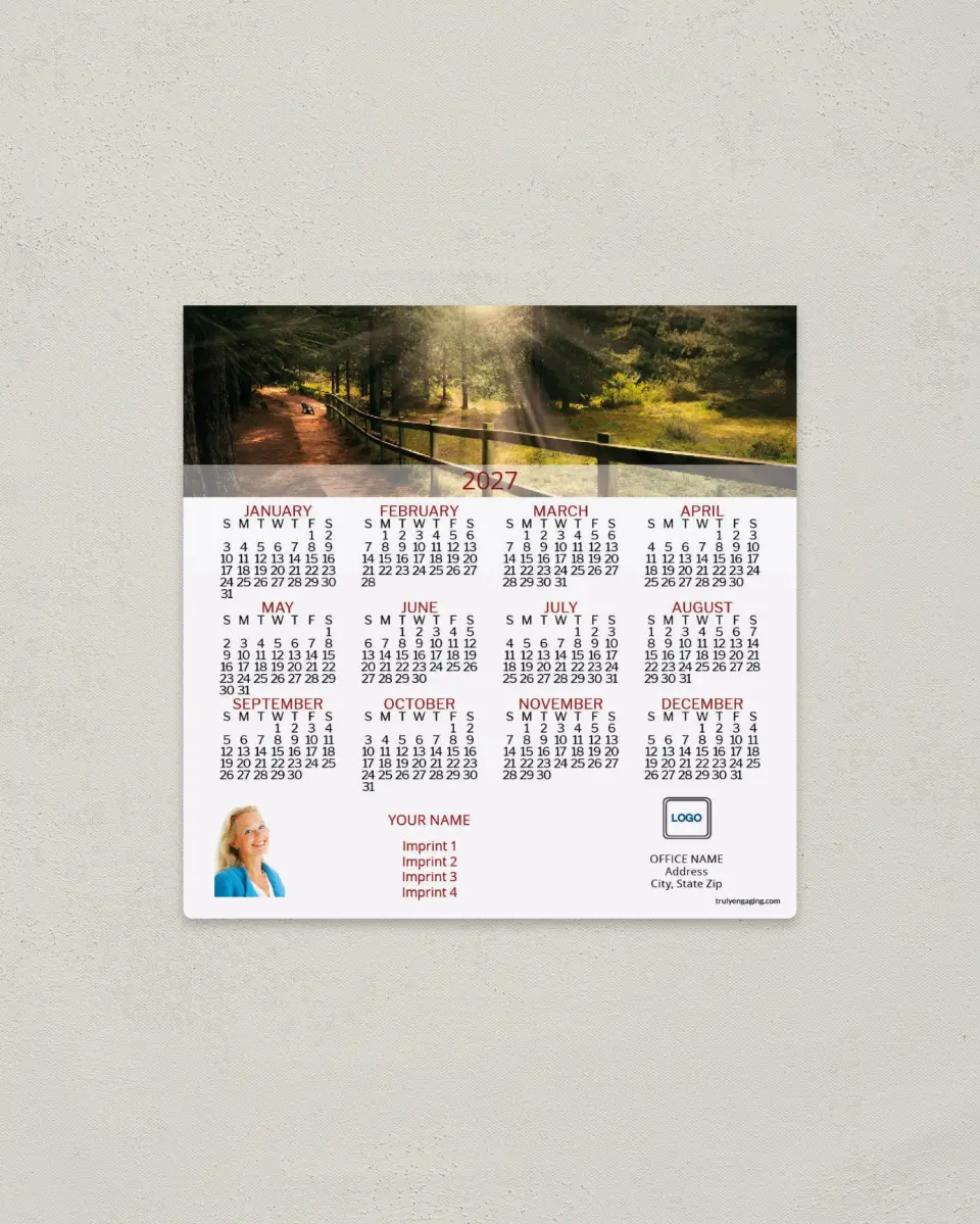 This is a 5½" x 5½" Full Magnet Calendar called Sunlit Trail printed in full color with a Standard Gloss finish