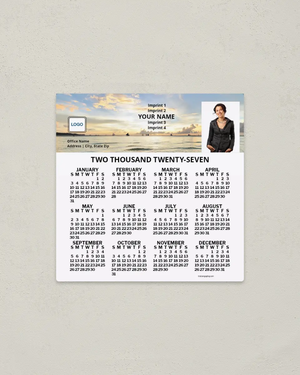 This is a 5½" x 5½" Full Magnet Calendar called Setting Sun printed in full color with a Standard Gloss finish