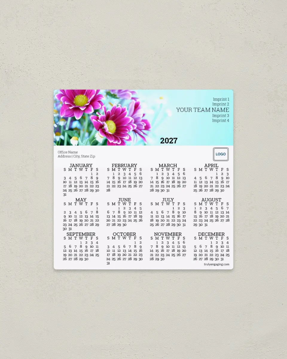 This is a 5½" x 5½" Full Magnet Calendar called First Bloom printed in full color with a Standard Gloss finish