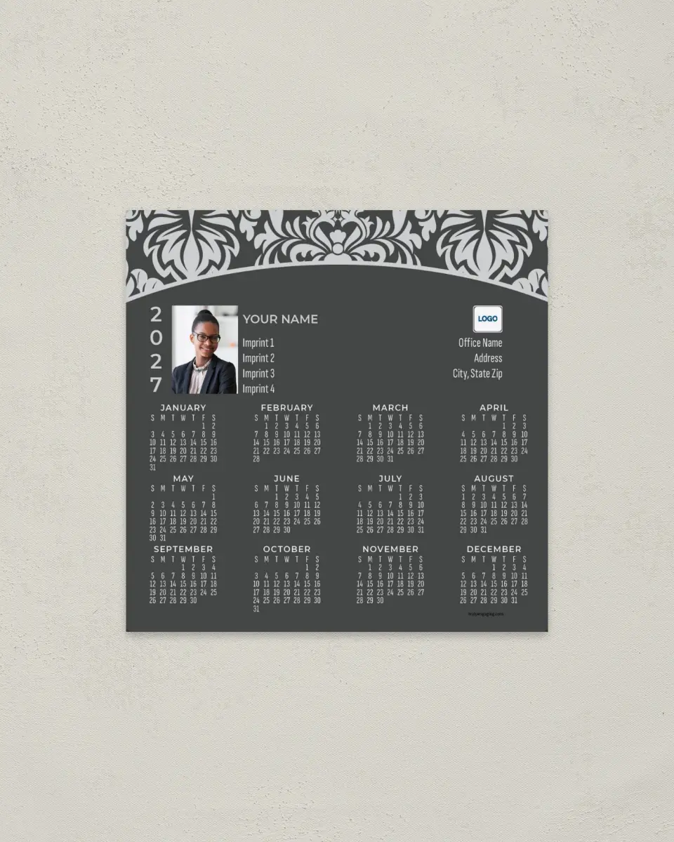 This is a 5½" x 5½" Full Magnet Calendar called Formal Motif printed in full color with a Standard Gloss finish