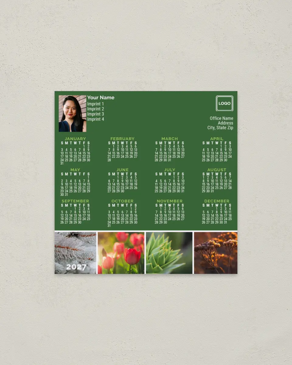 This is a 5½" x 5½" Full Magnet Calendar called Seasonal Charm printed in full color with a Standard Gloss finish