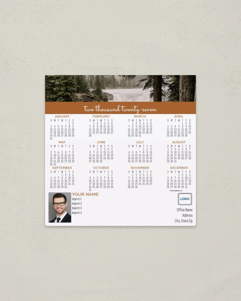 This is a 5½" x 5½" Full Magnet Calendar called Woodland Falls printed in full color with a Standard Gloss finish