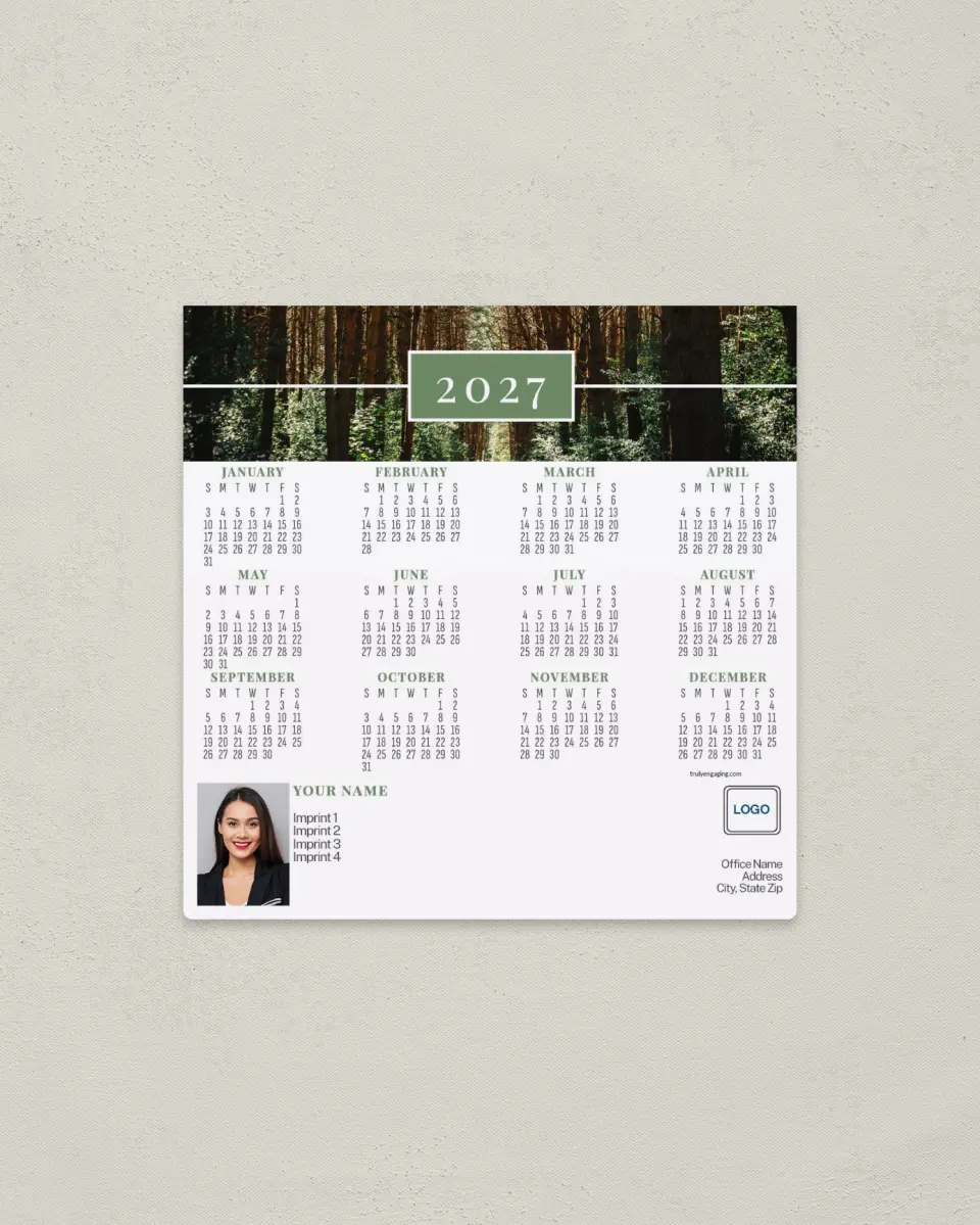 This is a 5½" x 5½" Full Magnet Calendar called Pine Forest printed in full color with a Standard Gloss finish