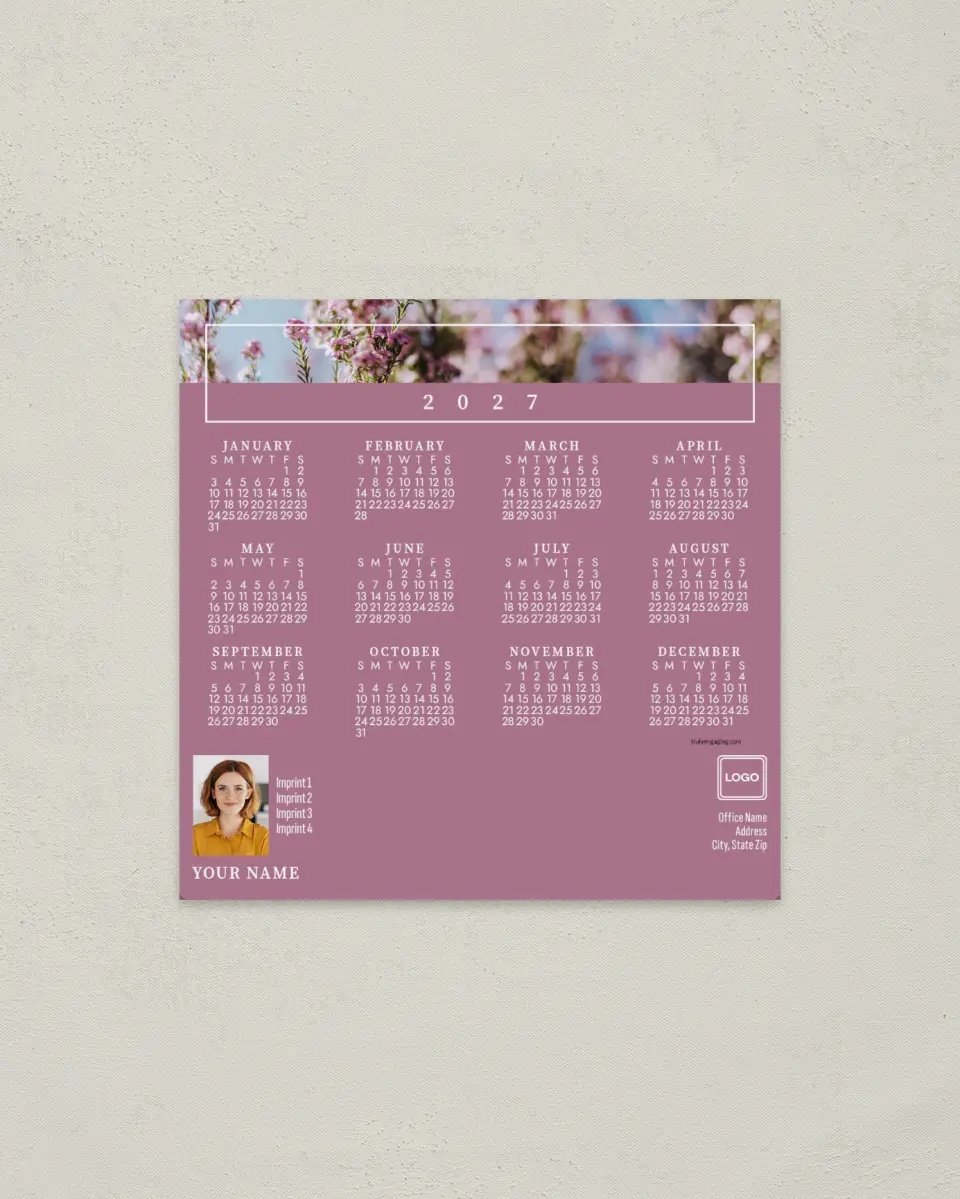 This is a 5½" x 5½" Full Magnet Calendar called Bordered Blossom printed in full color with a Standard Gloss finish