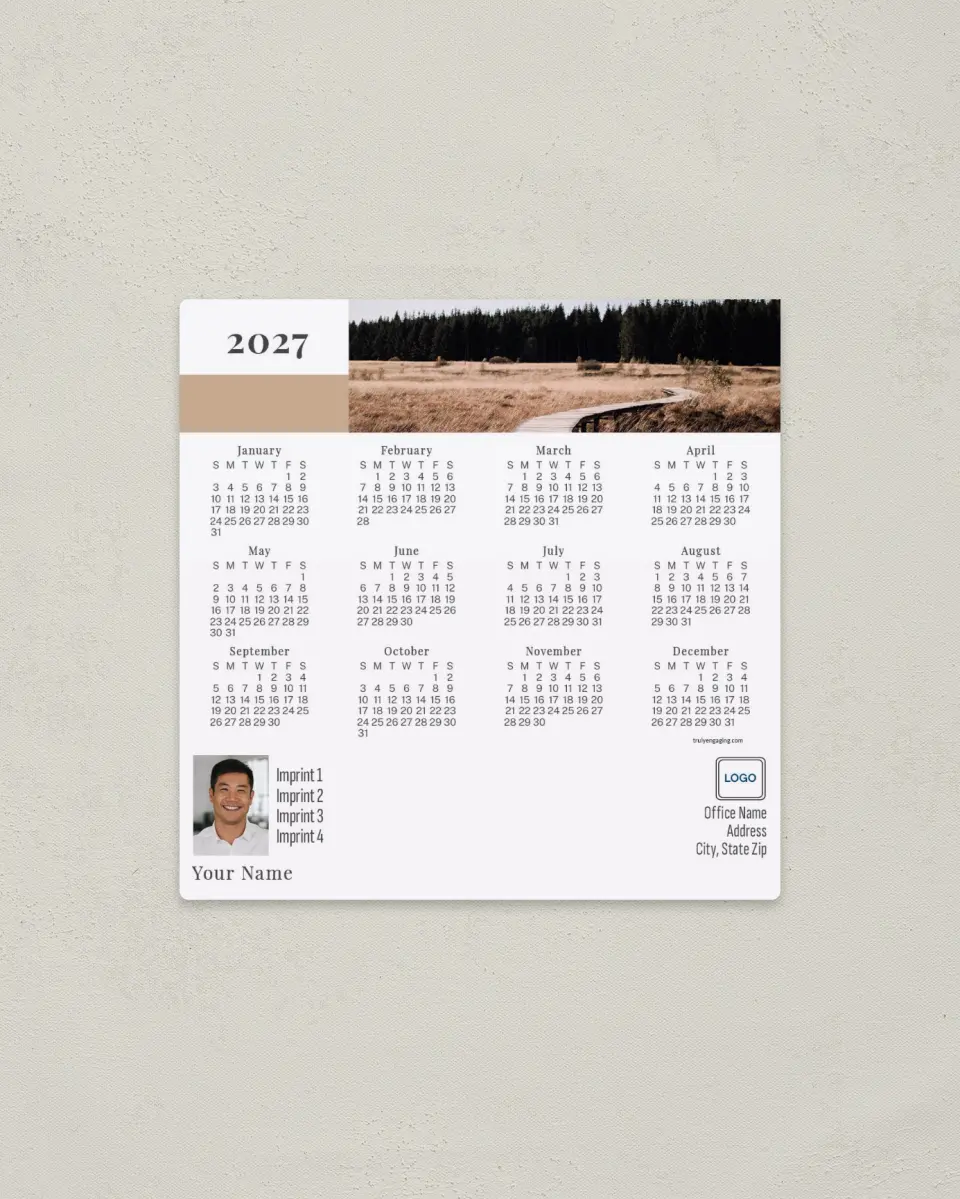 This is a 5½" x 5½" Full Magnet Calendar called Modern Path printed in full color with a Standard Gloss finish