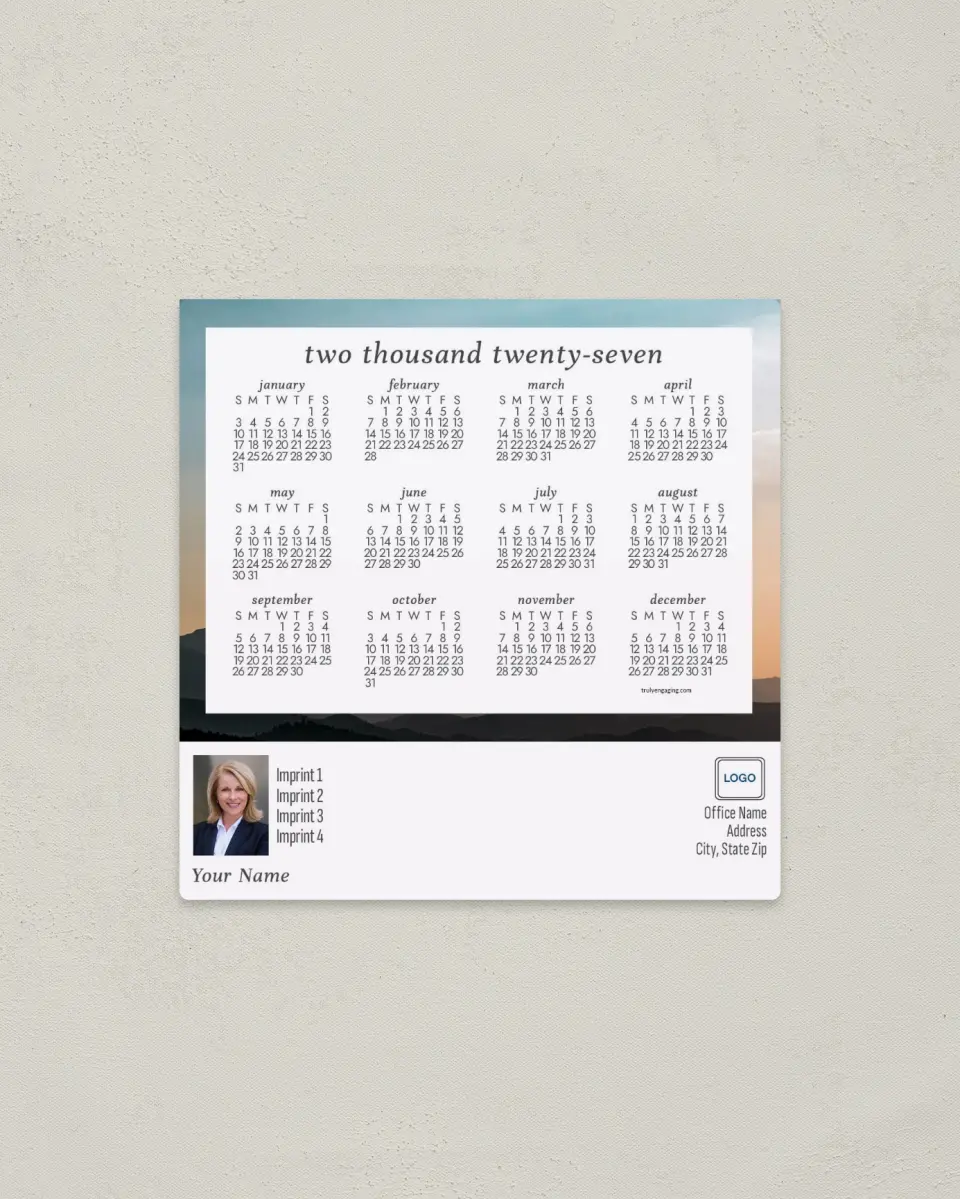 This is a 5½" x 5½" Full Magnet Calendar called Subtle Sunrise printed in full color with a Standard Gloss finish