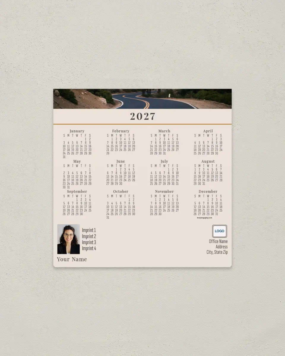 This is a 5½" x 5½" Full Magnet Calendar called On the Road printed in full color with a Standard Gloss finish