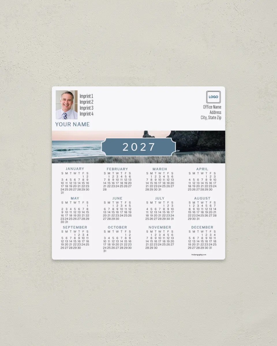 This is a 5½" x 5½" Full Magnet Calendar called Beach Scene printed in full color with a Standard Gloss finish