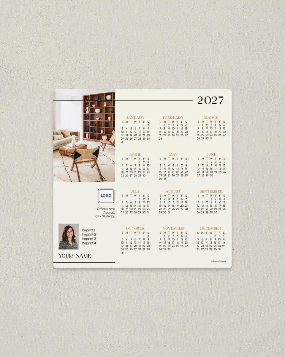 This is a 5½" x 5½" Full Magnet Calendar called Trendy Room printed in full color with a Standard Gloss finish