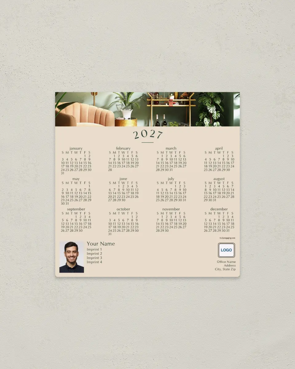 This is a 5½" x 5½" Full Magnet Calendar called Swanky Style printed in full color with a Standard Gloss finish