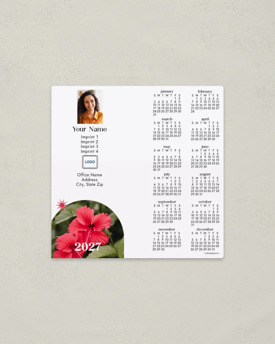 This is a 5½" x 5½" Full Magnet Calendar called Hibiscus Arch printed in full color with a Standard Gloss finish