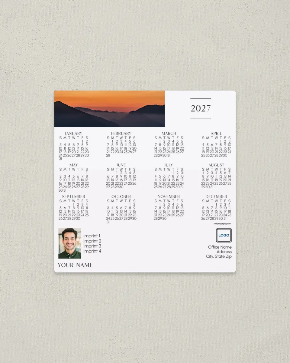 This is a 5½" x 5½" Full Magnet Calendar called Serene Sunrise printed in full color with a Standard Gloss finish