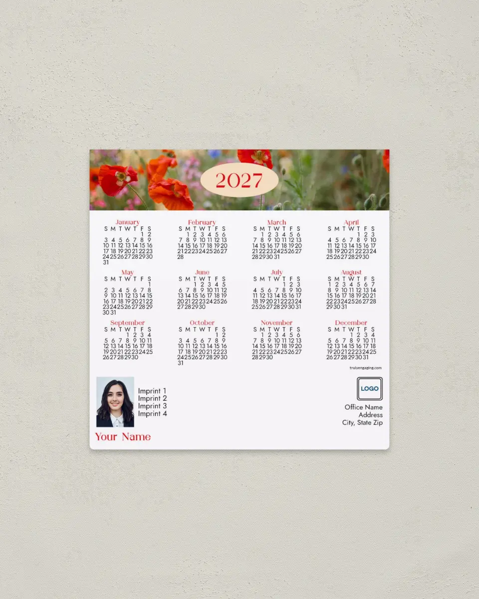 This is a 5½" x 5½" Full Magnet Calendar called Poppy Garden printed in full color with a Standard Gloss finish