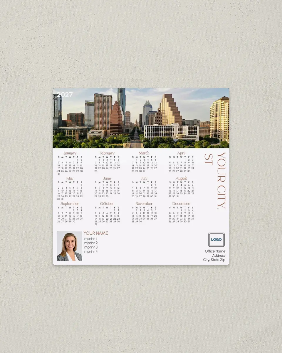 This is a 5½" x 5½" Full Magnet Calendar called Tailored Skyline printed in full color with a Standard Gloss finish