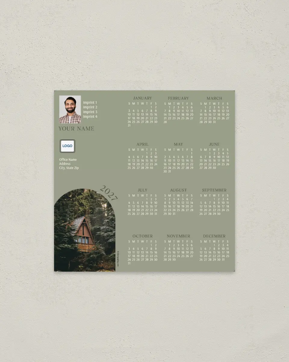 This is a 5½" x 5½" Full Magnet Calendar called Cozy Cabin printed in full color with a Standard Gloss finish