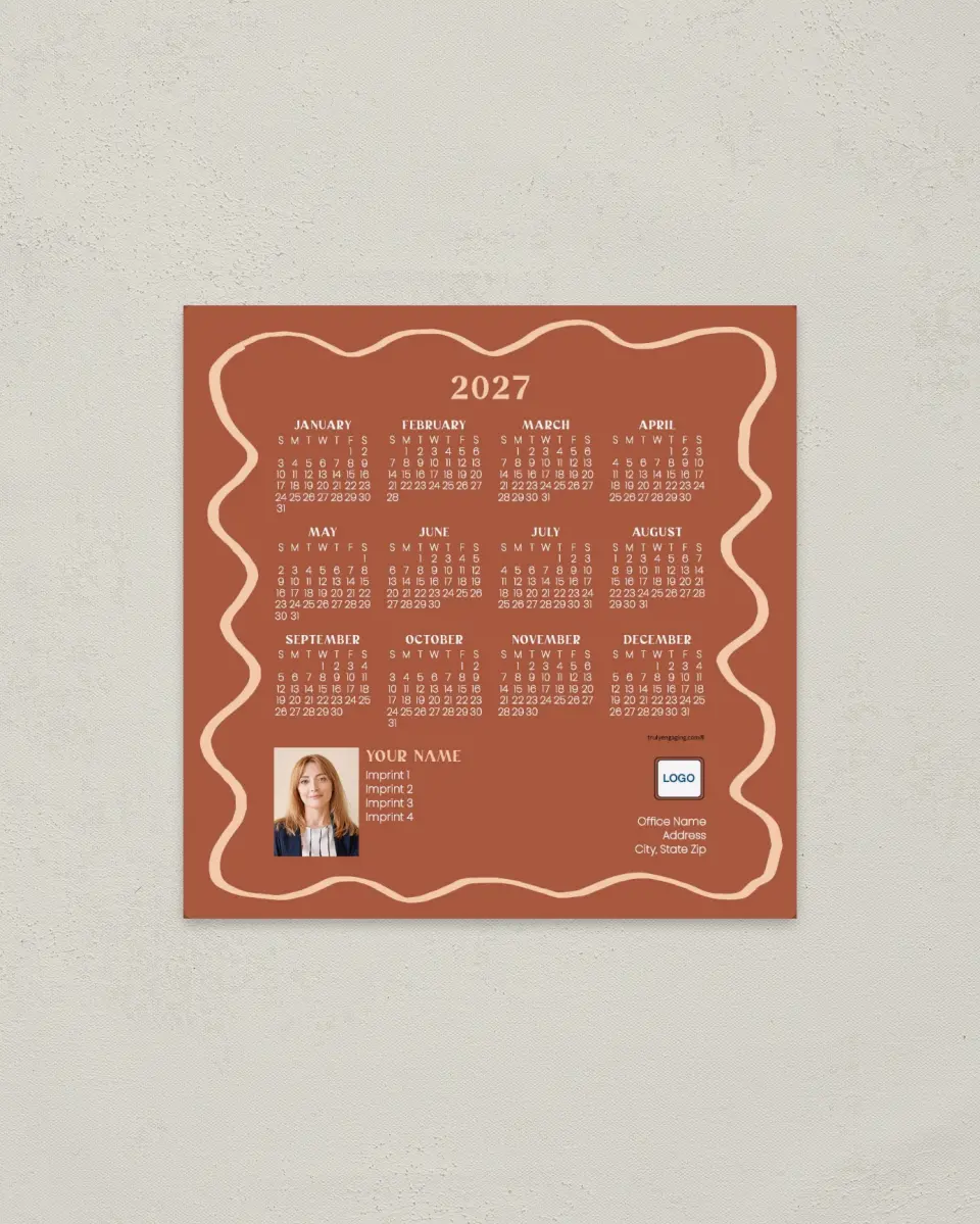 This is a 5½" x 5½" Full Magnet Calendar called Playful Waves printed in full color with a Standard Gloss finish
