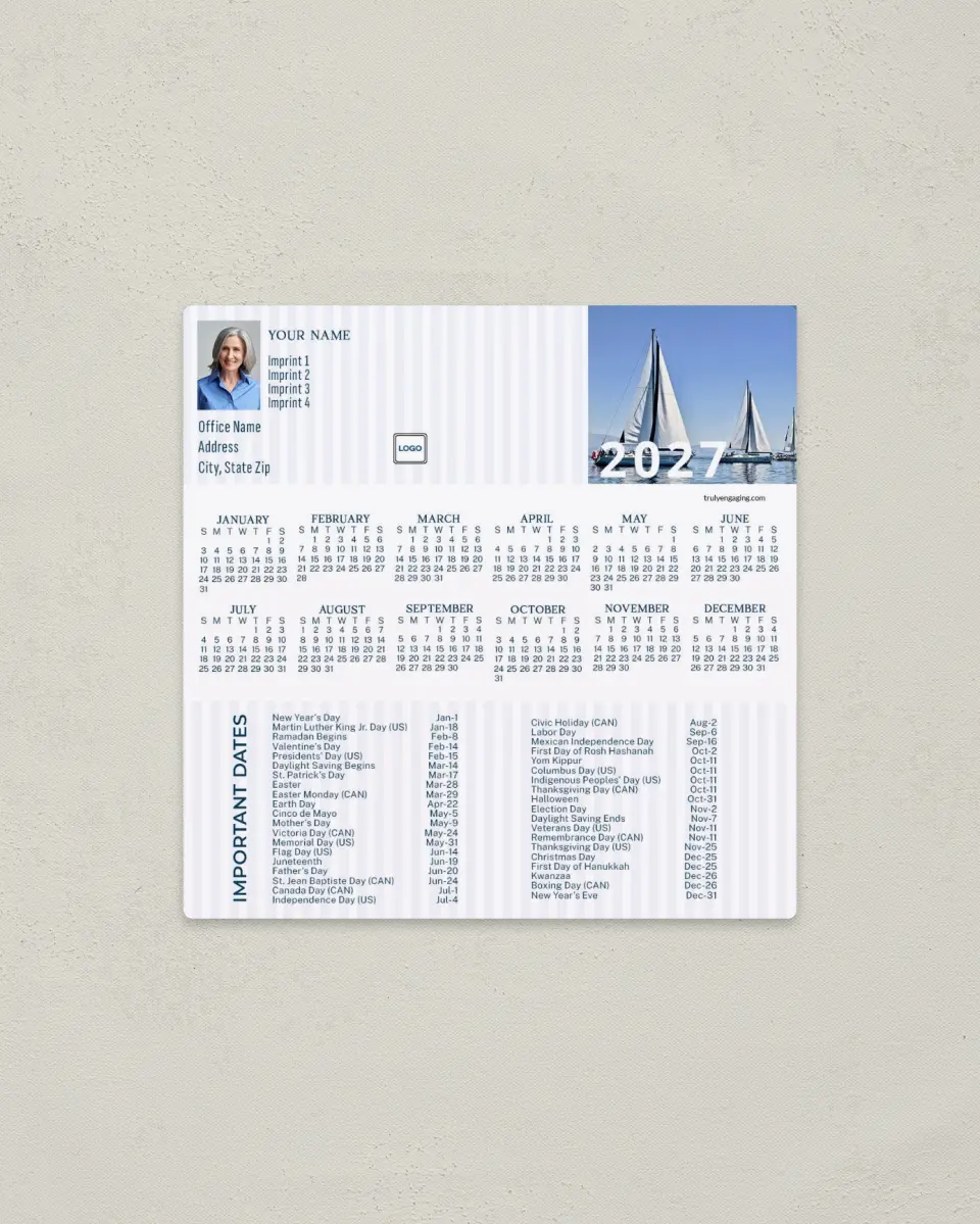 This is a 5½" x 5½" Full Magnet Calendar called Nautical Voyage printed in full color with a Standard Gloss finish