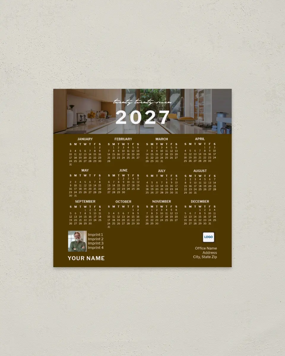 This is a 5½" x 5½" Full Magnet Calendar called Modern Umber printed in full color with a Standard Gloss finish
