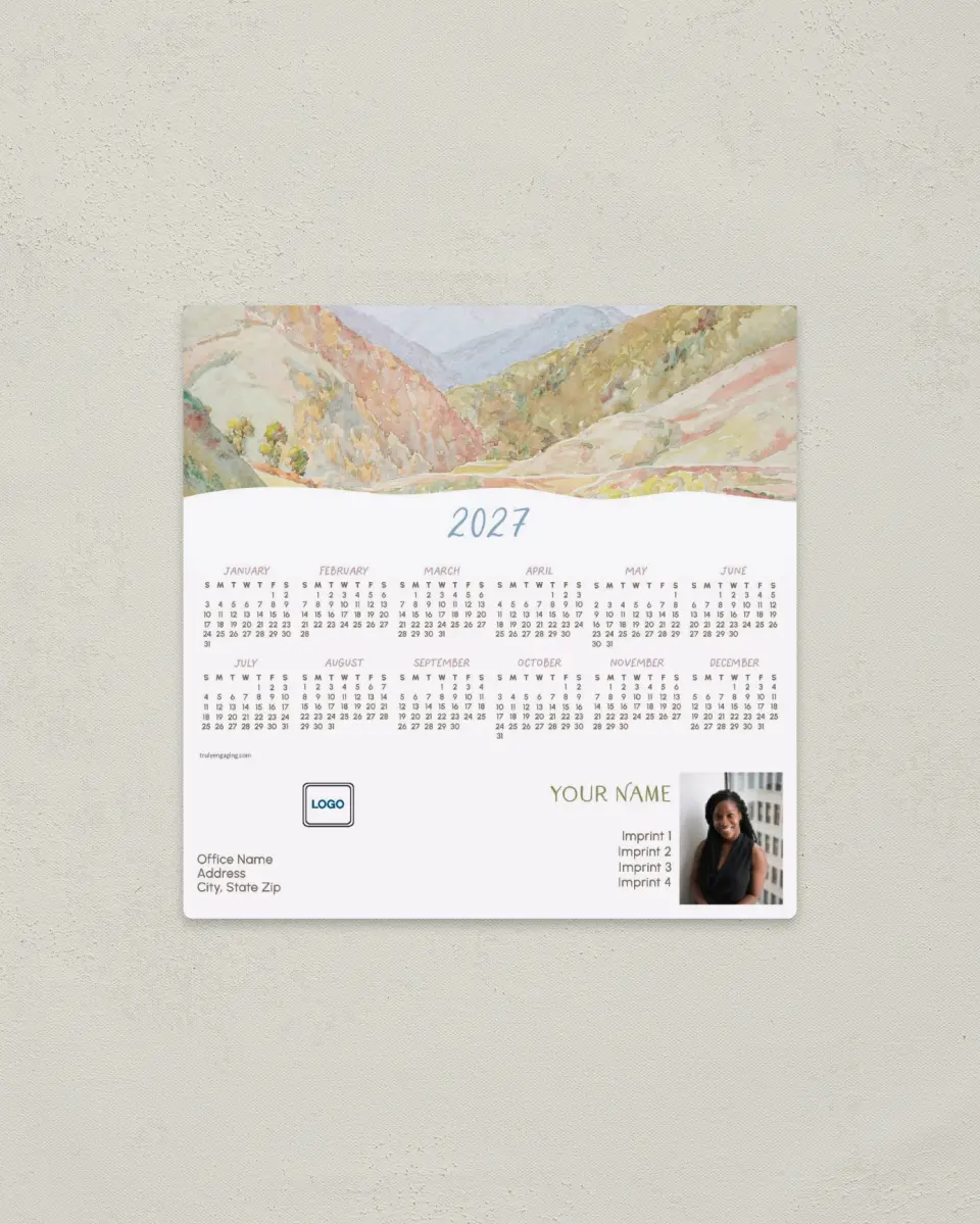 This is a 5½" x 5½" Full Magnet Calendar called Over the Peaks printed in full color with a Standard Gloss finish