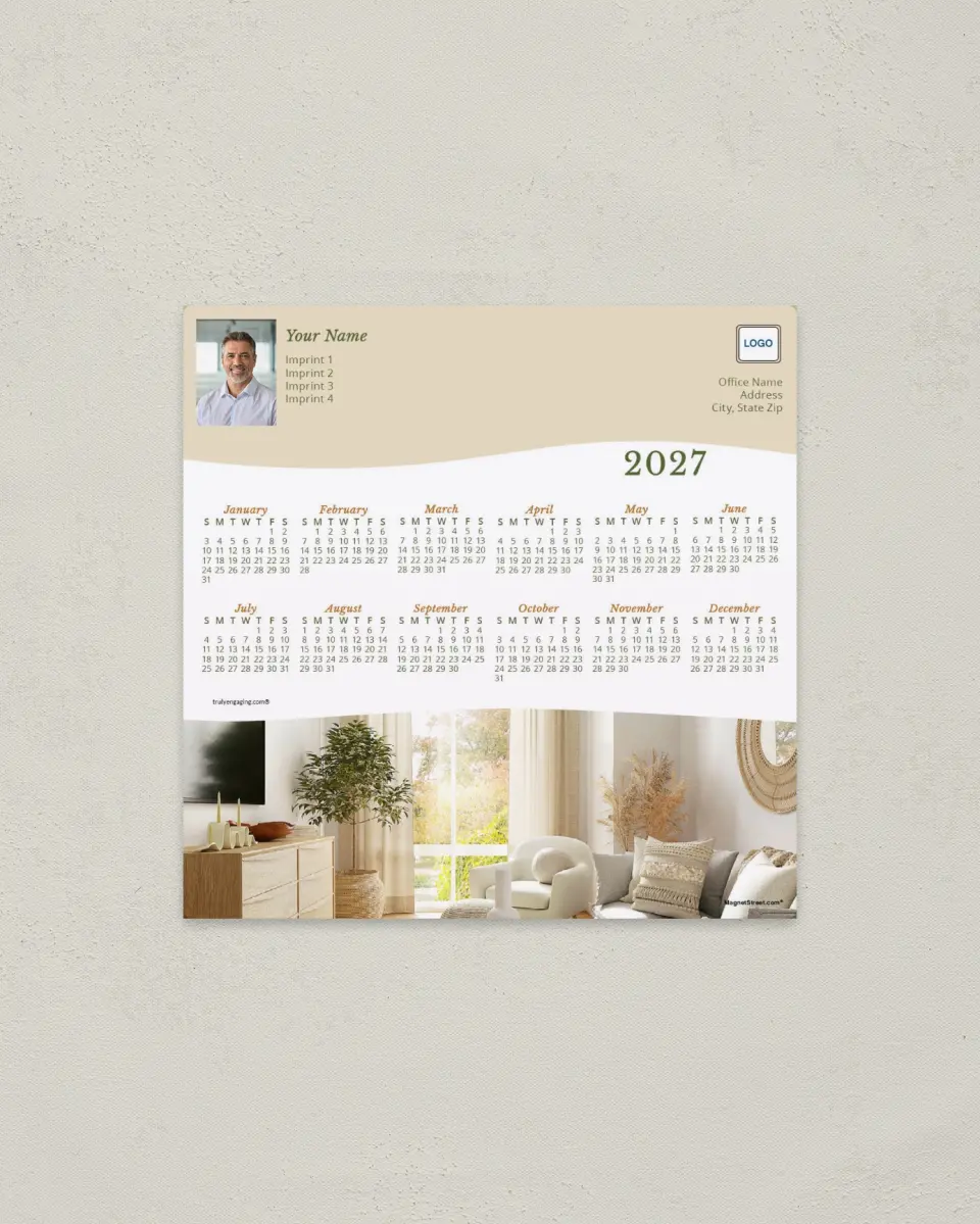 This is a 5½" x 5½" Full Magnet Calendar called Boho Wave printed in full color with a Standard Gloss finish