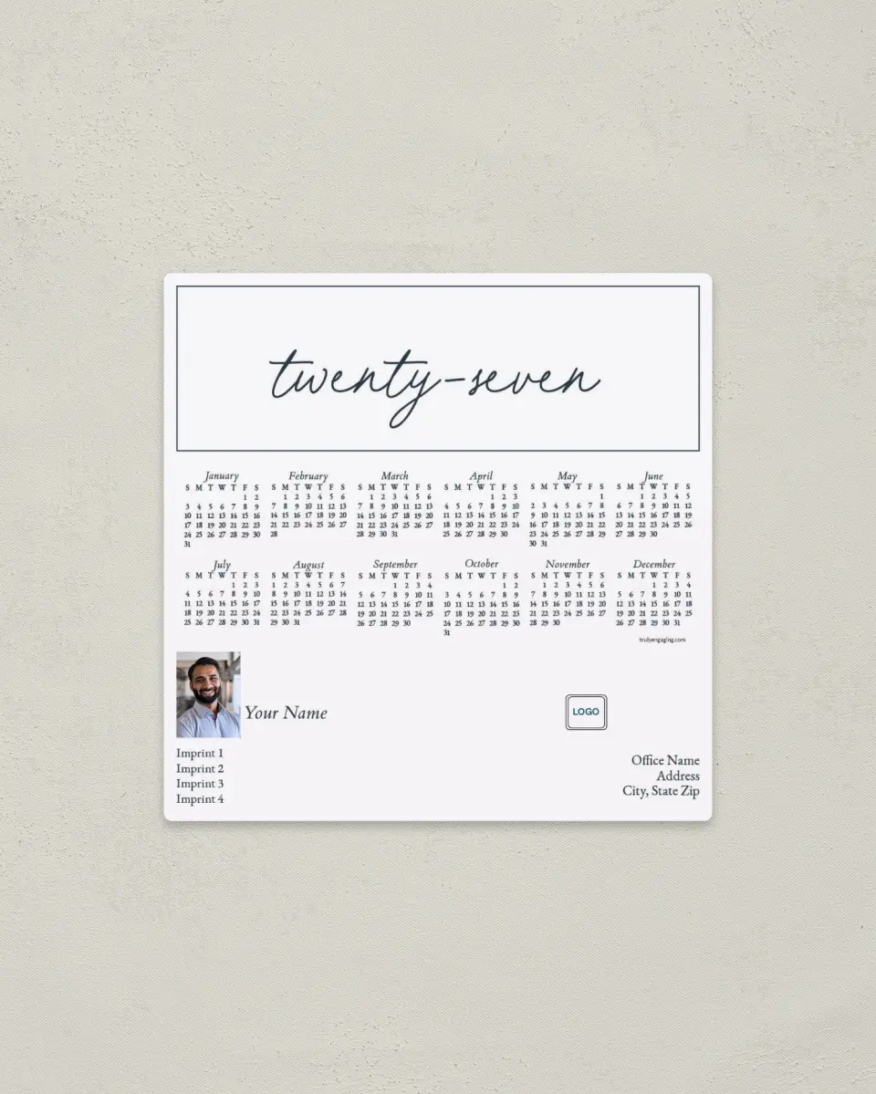 This is a 5½" x 5½" Full Magnet Calendar called Simple Years printed in full color with a Standard Gloss finish