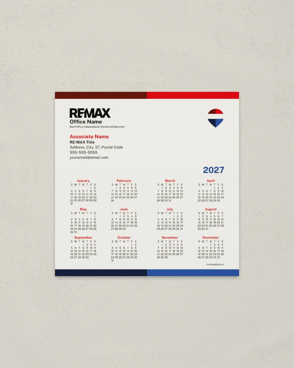 This is a 5½" x 5½" REMAX Calendar called REMAX Bold Bands printed in full color with a Standard Gloss finish