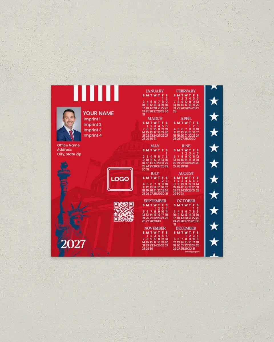 This is a 5½" x 5½" Full Magnet Calendar called Stripes & Stars printed in full color with a Standard Gloss finish