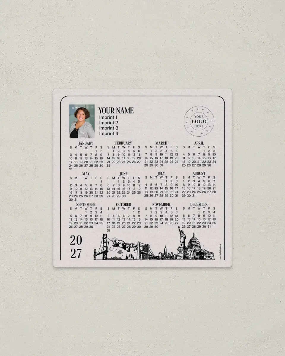 This is a 5½" x 5½" Full Magnet Calendar called USA Skylines printed in full color with a Standard Gloss finish
