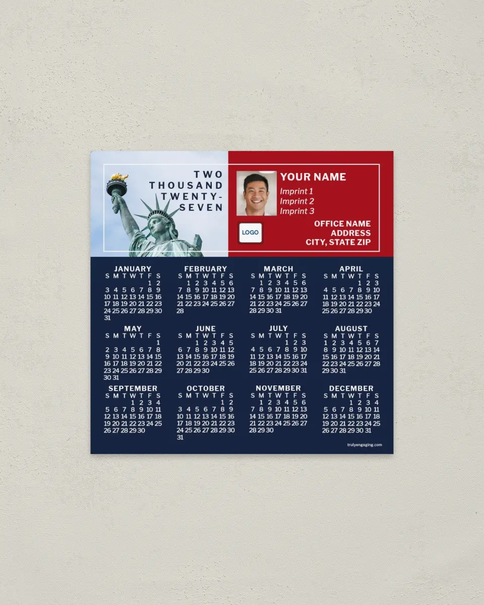 This is a 5½" x 5½" Full Magnet Calendar called Lady Liberty printed in full color with a Standard Gloss finish