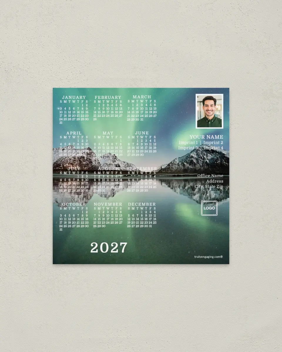 This is a 5½" x 5½" Full Magnet Calendar called Dancing Lights printed in full color with a Standard Gloss finish