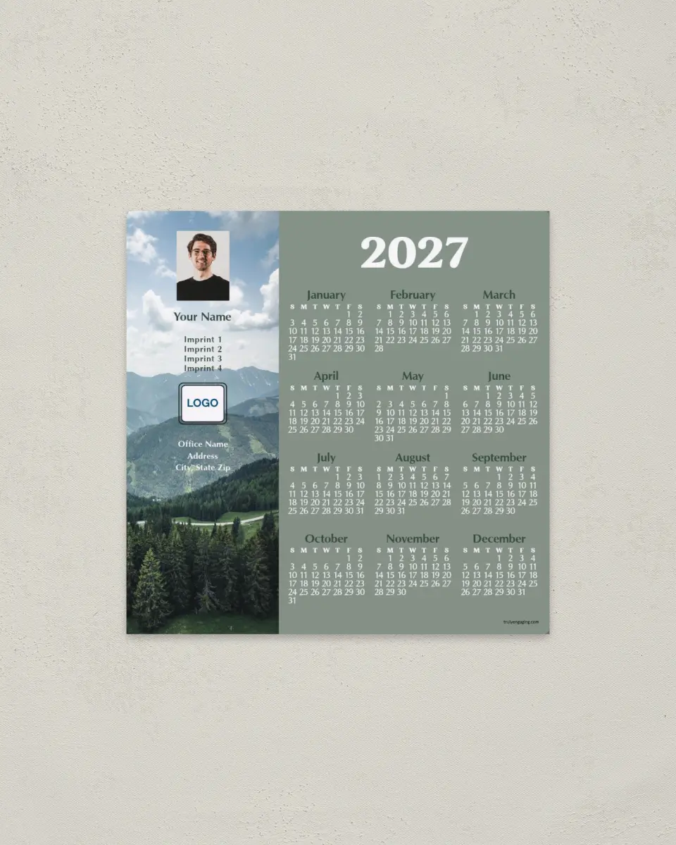 This is a 5½" x 5½" Full Magnet Calendar called Mountains of Pine printed in full color with a Standard Gloss finish