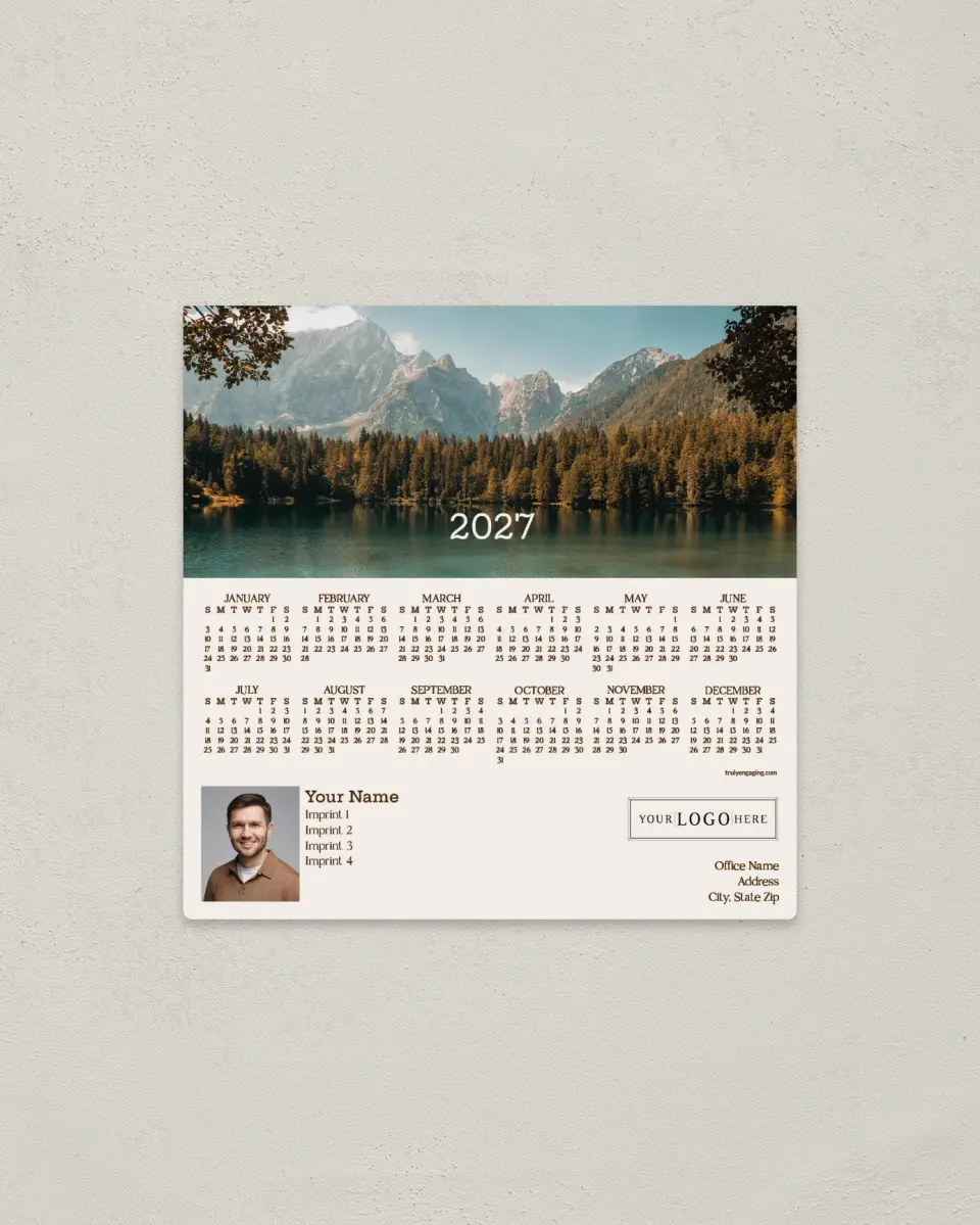 This is a 5½" x 5½" Full Magnet Calendar called Majestic Lake printed in full color with a Standard Gloss finish