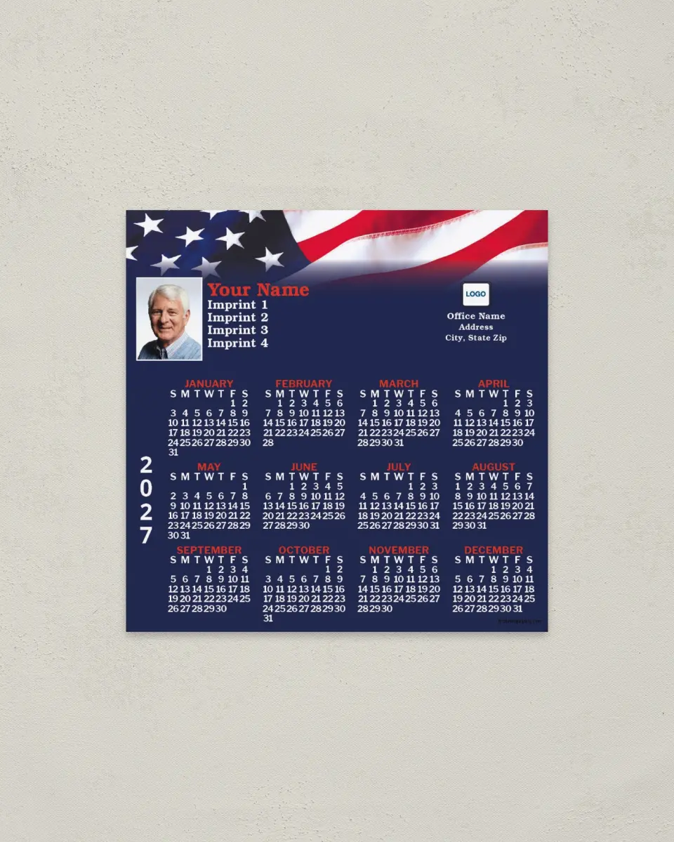 This is a 5½" x 5½" Full Magnet Calendar called Flag Fading to Blue printed in full color with a Standard Gloss finish